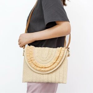 BIXCAER cream wicker crossbody / clutch with straw fringe